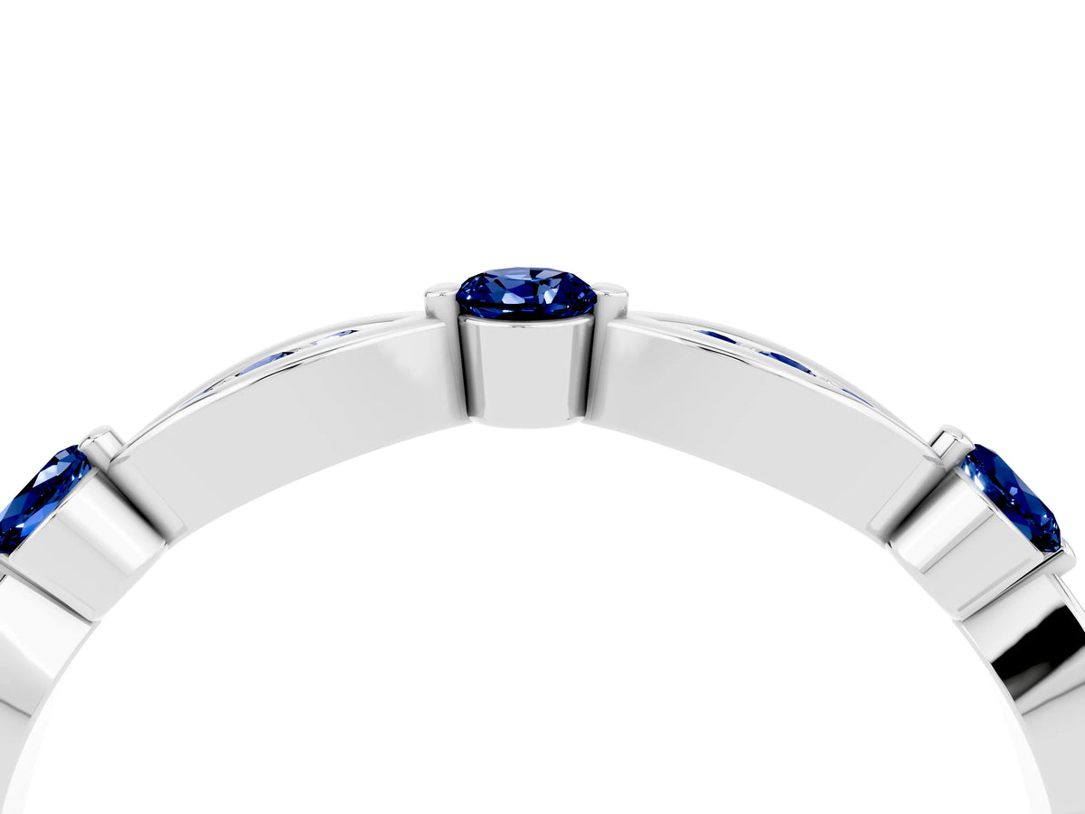 Alternating Marquise and Round Blue Sapphire Milgrain Band in Silver with Bezel Setting