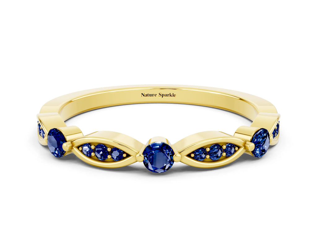 Alternating Marquise and Round Blue Sapphire Milgrain Band in Yellow gold with Bezel Setting