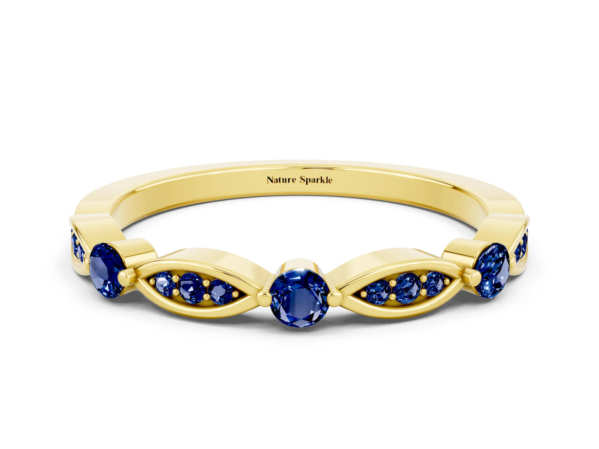 Alternating Marquise and Round Blue Sapphire Milgrain Band in Yellow gold with Bezel Setting