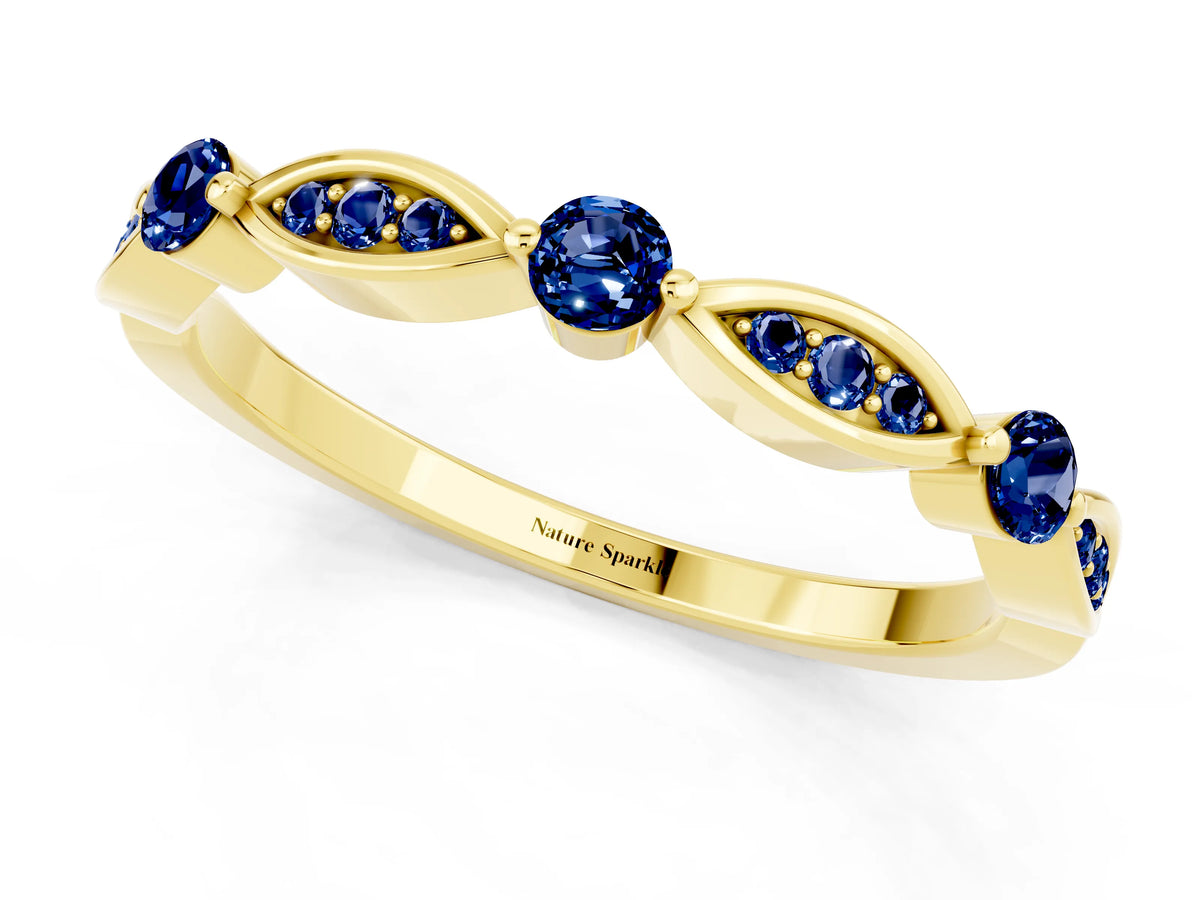 Alternating Marquise and Round Blue Sapphire Milgrain Band in Yellow gold with Bezel Setting