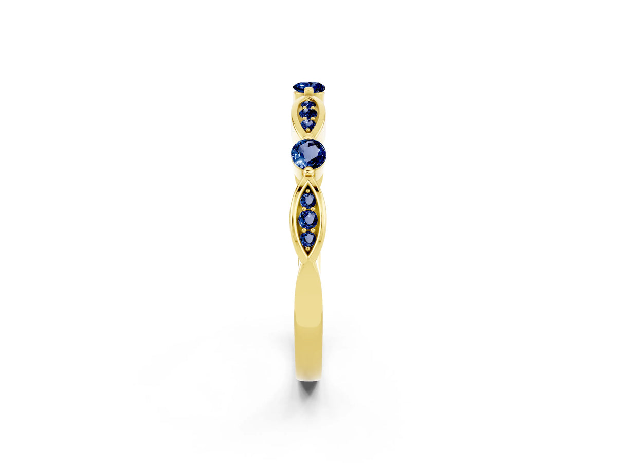 Alternating Marquise and Round Blue Sapphire Milgrain Band in Yellow gold with Bezel Setting