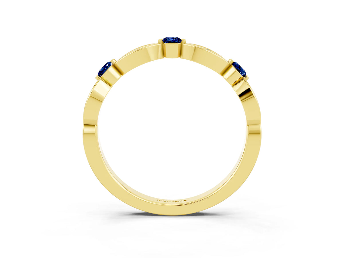 Alternating Marquise and Round Blue Sapphire Milgrain Band in Yellow gold with Bezel Setting