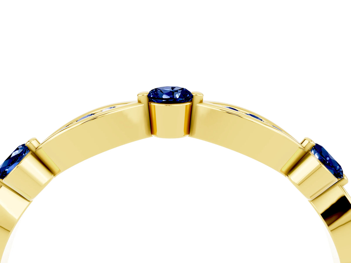 Alternating Marquise and Round Blue Sapphire Milgrain Band in Yellow gold with Bezel Setting