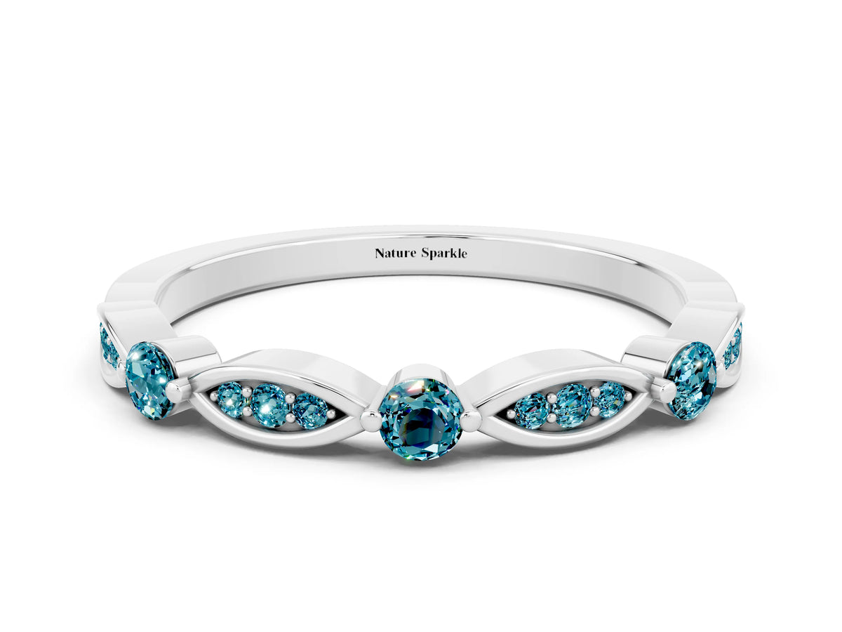 Alternating Marquise and Round Blue Topaz Milgrain Band in Platinum with Bezel Setting