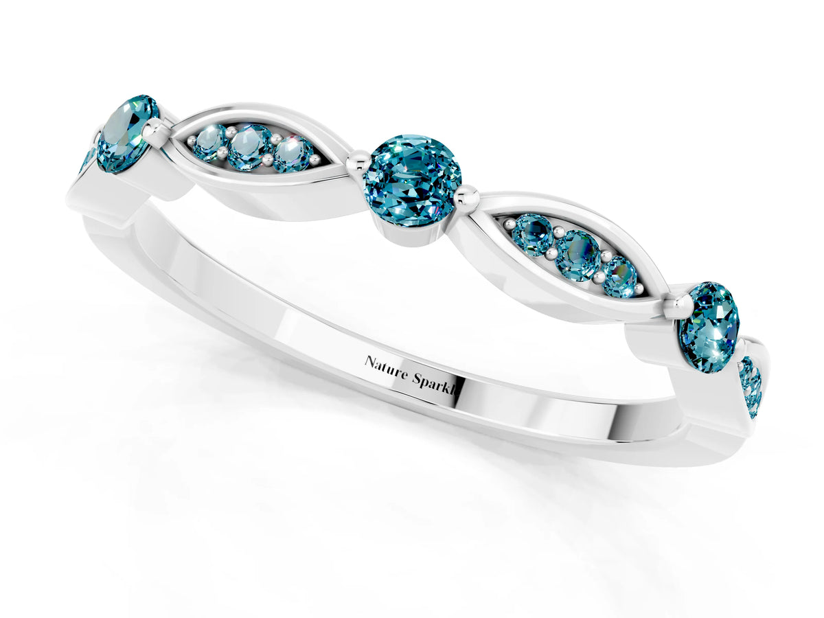 Alternating Marquise and Round Blue Topaz Milgrain Band in Platinum with Bezel Setting