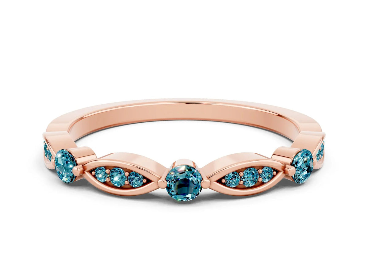Alternating Marquise and Round Blue Topaz Milgrain Band in Rose gold with Bezel Setting 