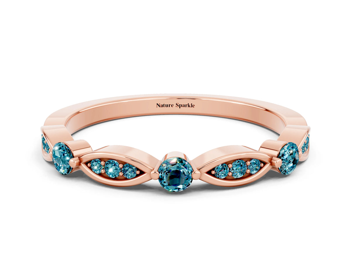 Alternating Marquise and Round Blue Topaz Milgrain Band in Rose gold with Bezel Setting