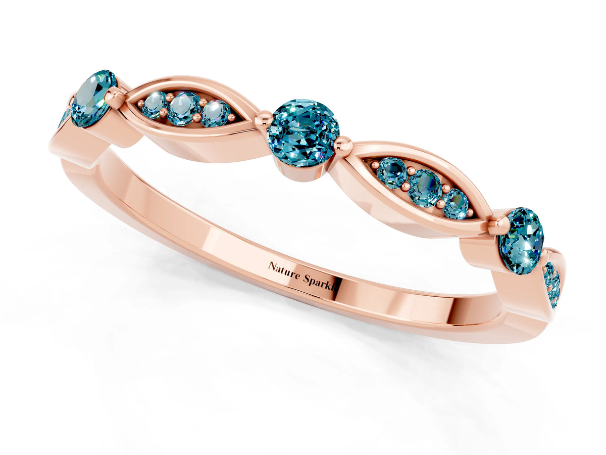 Alternating Marquise and Round Blue Topaz Milgrain Band in Rose gold with Bezel Setting
