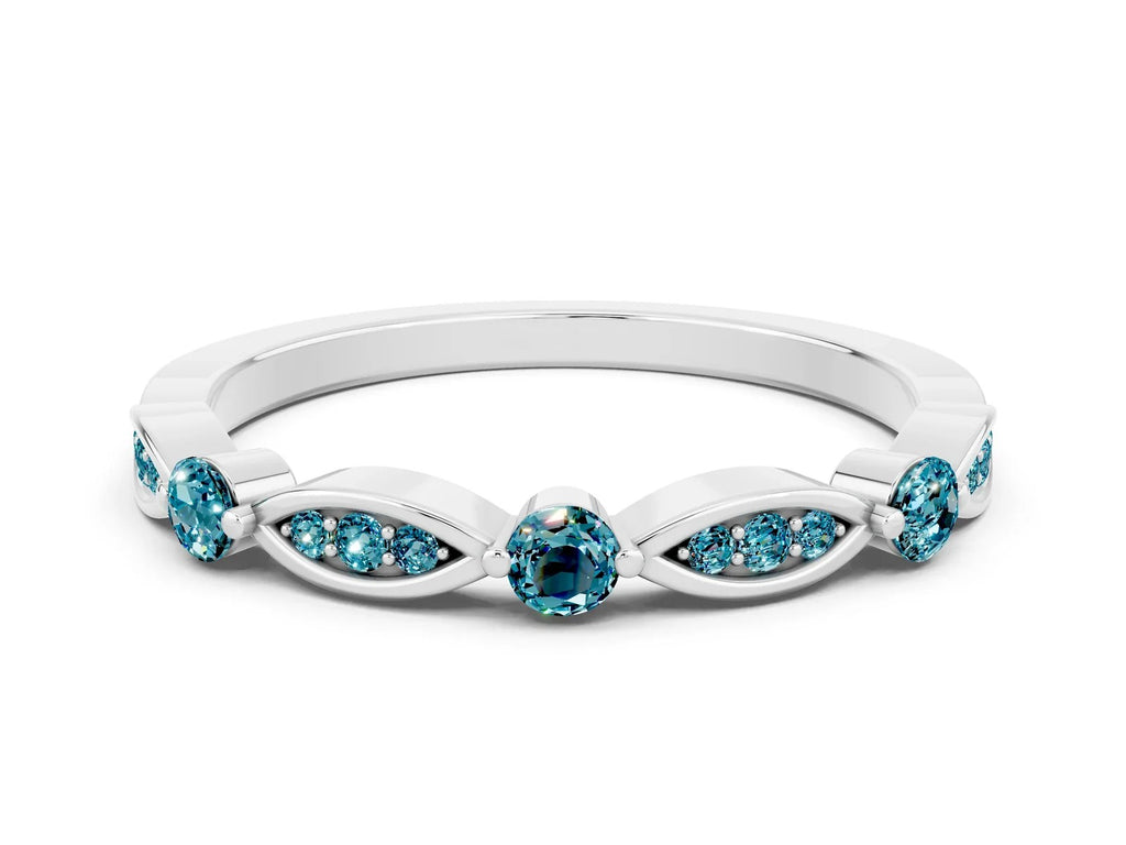 Alternating Marquise and Round Blue Topaz Milgrain Band in White gold with Bezel Setting 