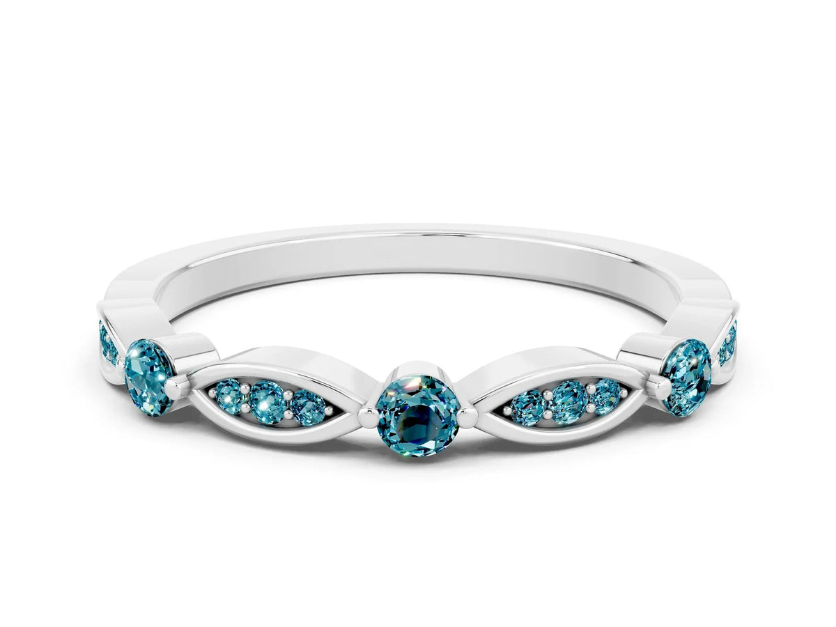 Alternating Marquise and Round Blue Topaz Milgrain Band in White gold with Bezel Setting 