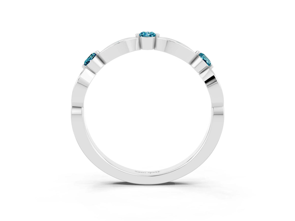 Alternating Marquise and Round Blue Topaz Milgrain Band in White gold with Bezel Setting