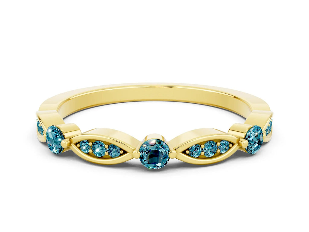 Alternating Marquise and Round Blue Topaz Milgrain Band in Yellow gold with Bezel Setting 