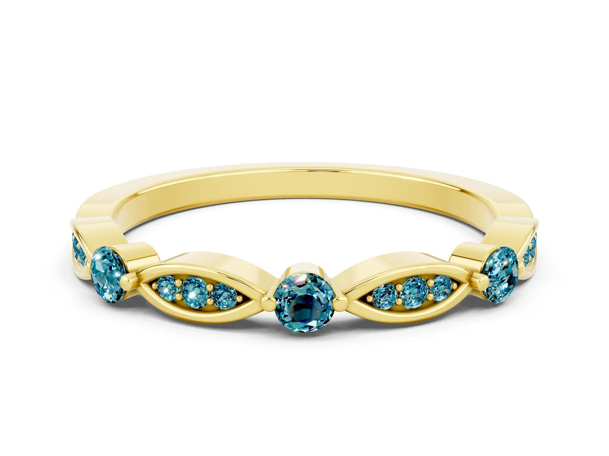 Alternating Marquise and Round Blue Topaz Milgrain Band in Yellow gold with Bezel Setting 