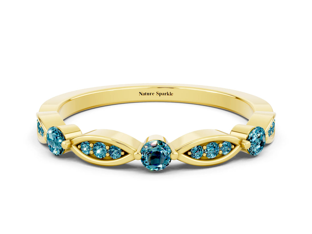Alternating Marquise and Round Blue Topaz Milgrain Band in Yellow gold with Bezel Setting