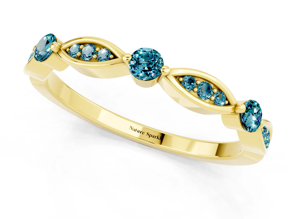 Alternating Marquise and Round Blue Topaz Milgrain Band in Yellow gold with Bezel Setting