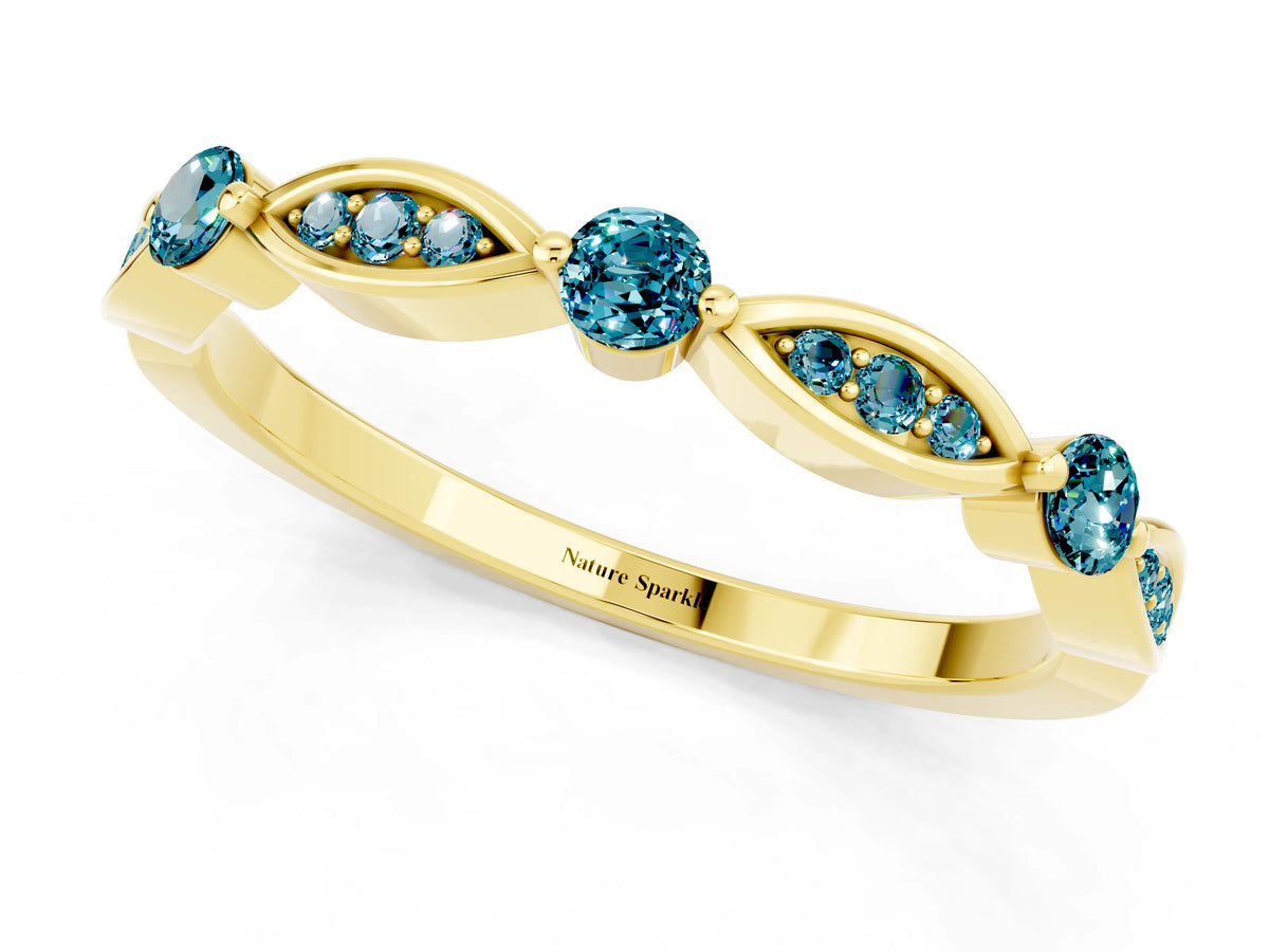 Alternating Marquise and Round Blue Topaz Milgrain Band in Yellow gold with Bezel Setting