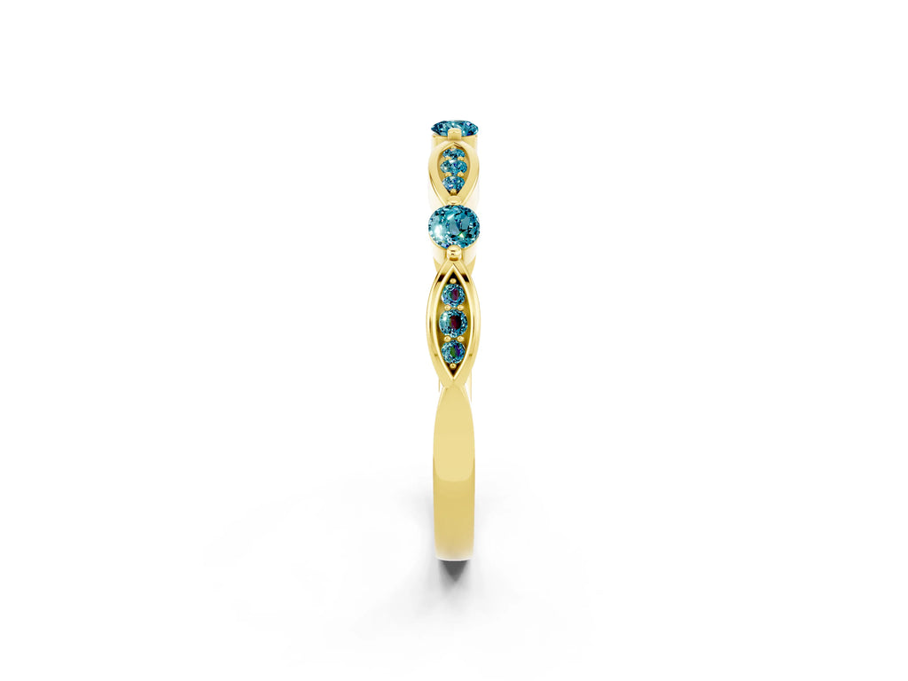 Alternating Marquise and Round Blue Topaz Milgrain Band in Yellow gold with Bezel Setting