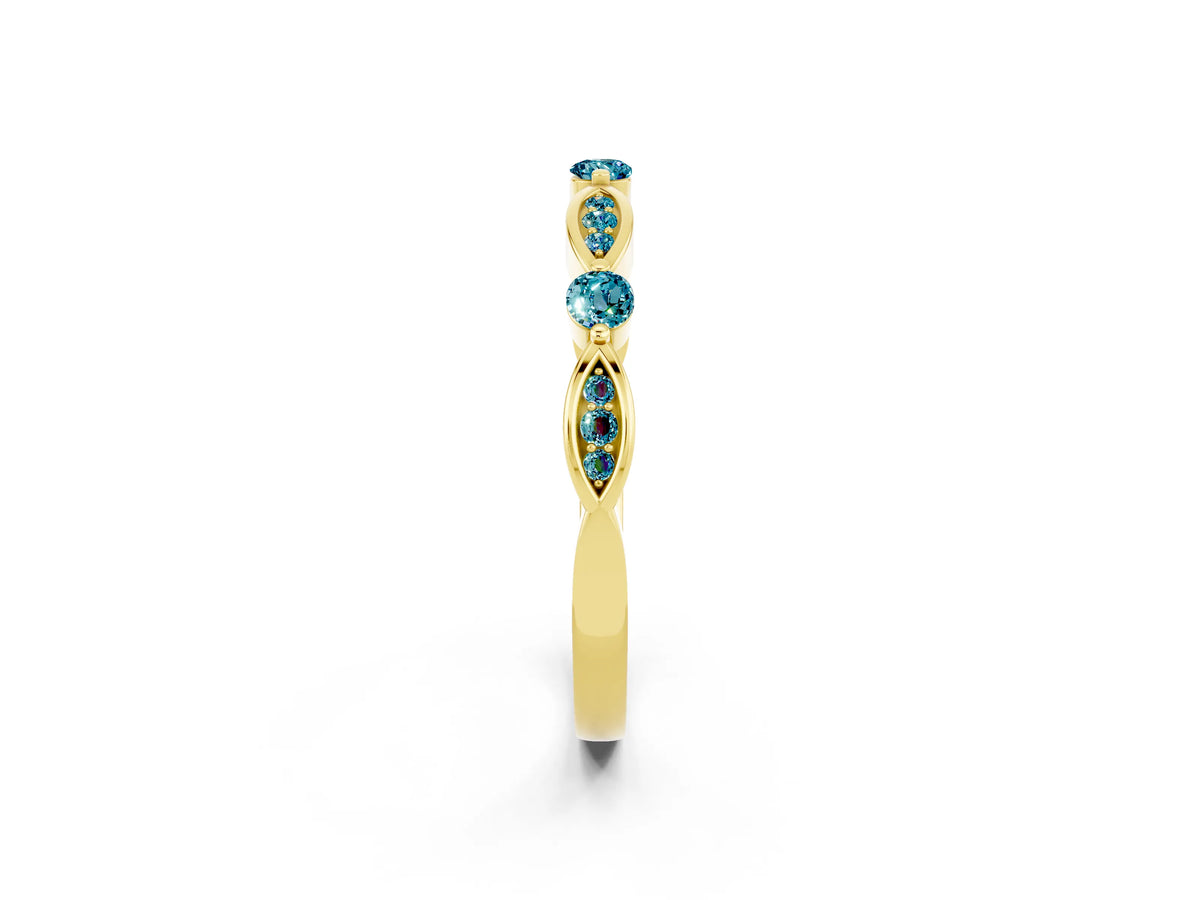 Alternating Marquise and Round Blue Topaz Milgrain Band in Yellow gold with Bezel Setting