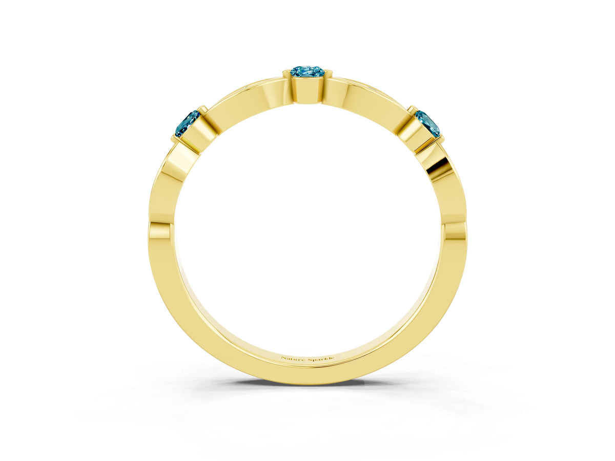 Alternating Marquise and Round Blue Topaz Milgrain Band in Yellow gold with Bezel Setting