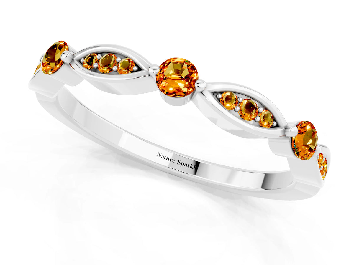Alternating Marquise and Round Citrine Milgrain Band in White gold with Bezel Setting