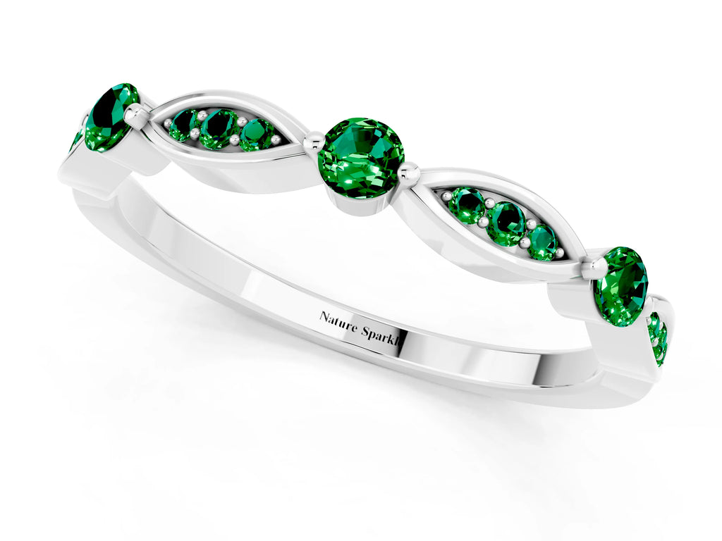 Alternating Marquise and Round Emerald Milgrain Band in Platinum with Bezel Setting