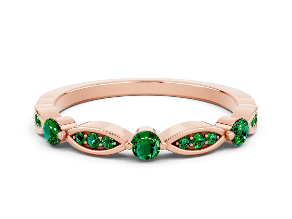 Alternating Marquise and Round Emerald Milgrain Band in Rose gold with Bezel Setting 