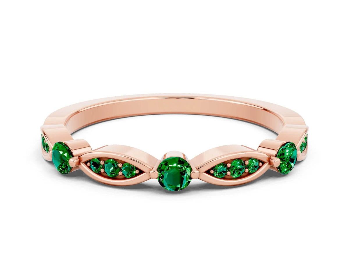 Alternating Marquise and Round Emerald Milgrain Band in Rose gold with Bezel Setting 