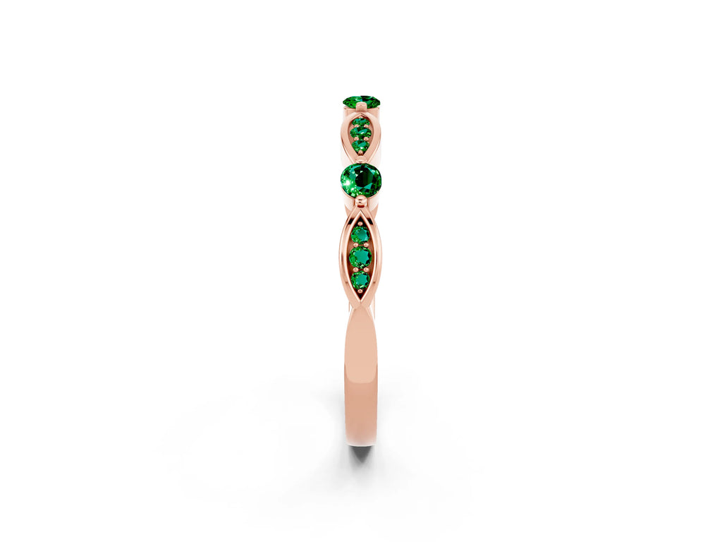 Alternating Marquise and Round Emerald Milgrain Band in Rose gold with Bezel Setting