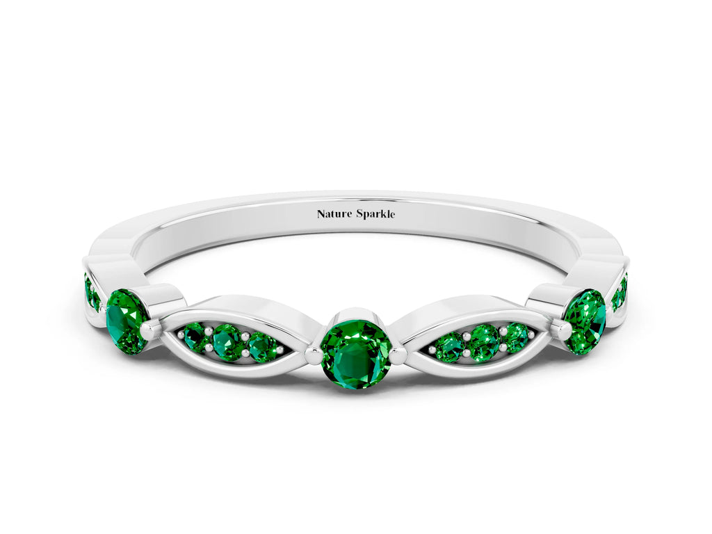 Alternating Marquise and Round Emerald Milgrain Band in Silver with Bezel Setting