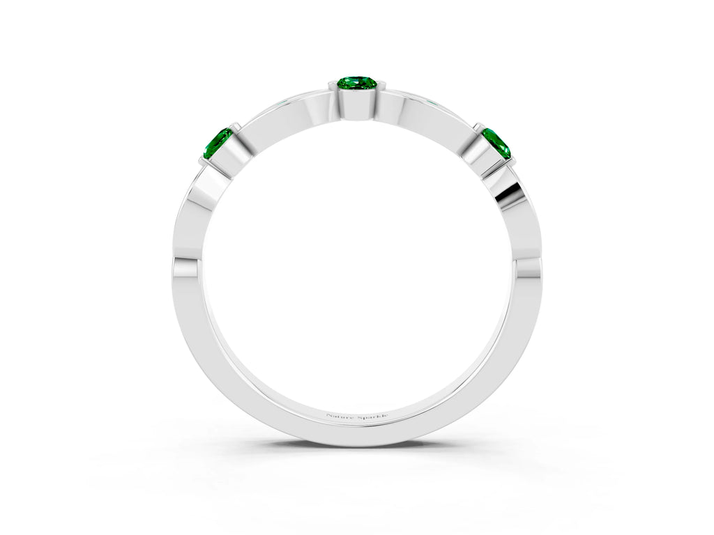 Alternating Marquise and Round Emerald Milgrain Band in Silver with Bezel Setting