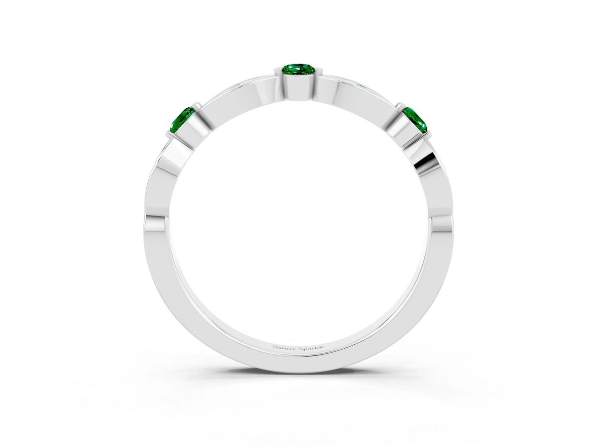Alternating Marquise and Round Emerald Milgrain Band in Silver with Bezel Setting