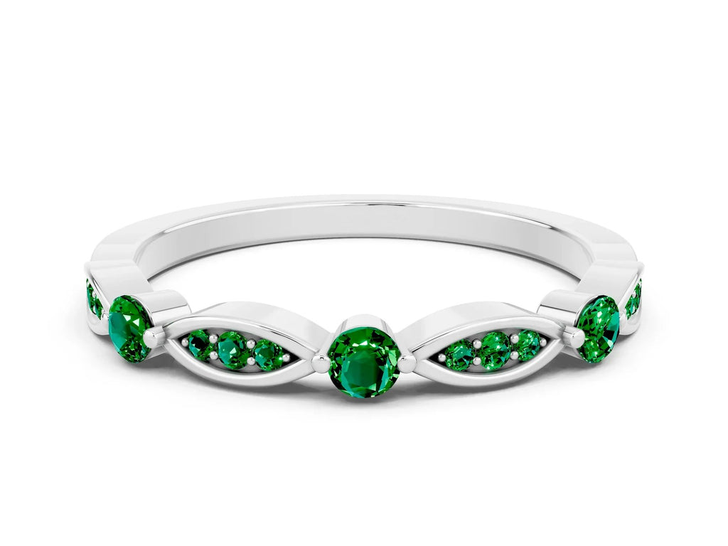 Alternating Marquise and Round Emerald Milgrain Band in White gold with Bezel Setting 