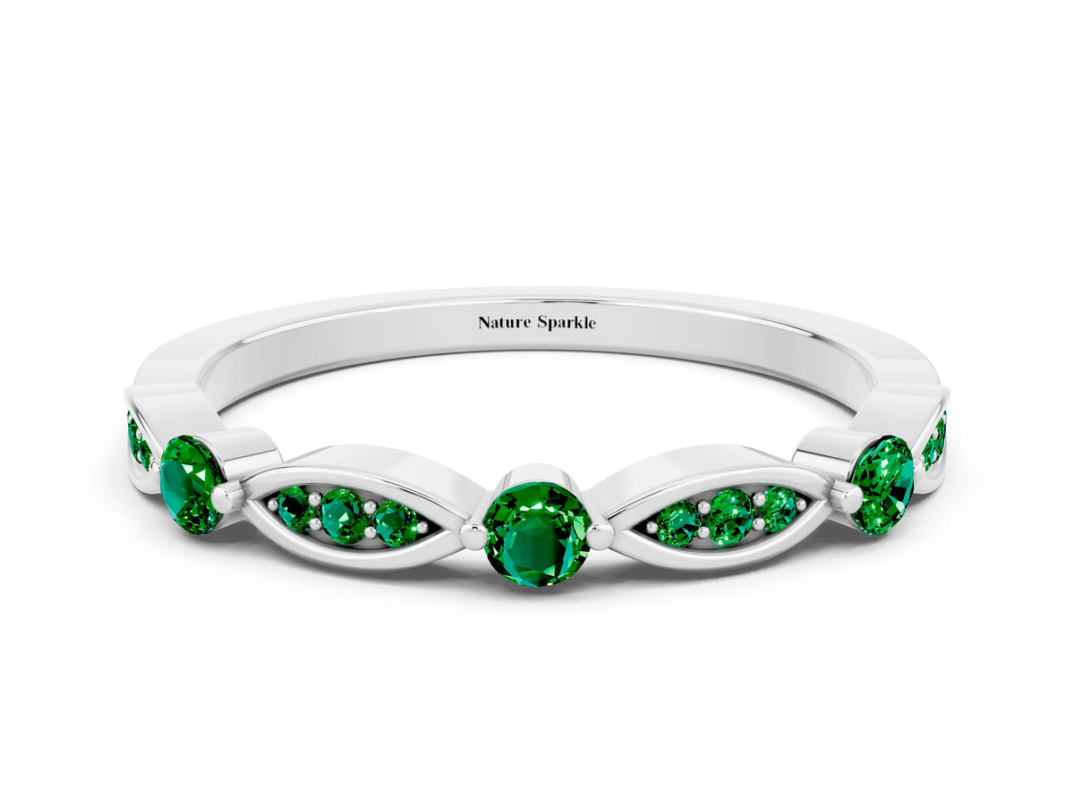 Alternating Marquise and Round Emerald Milgrain Band in White gold with Bezel Setting