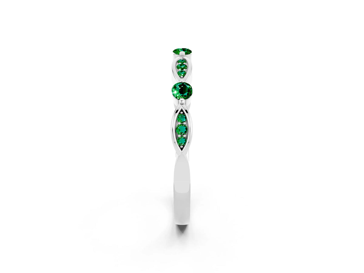 Alternating Marquise and Round Emerald Milgrain Band in White gold with Bezel Setting