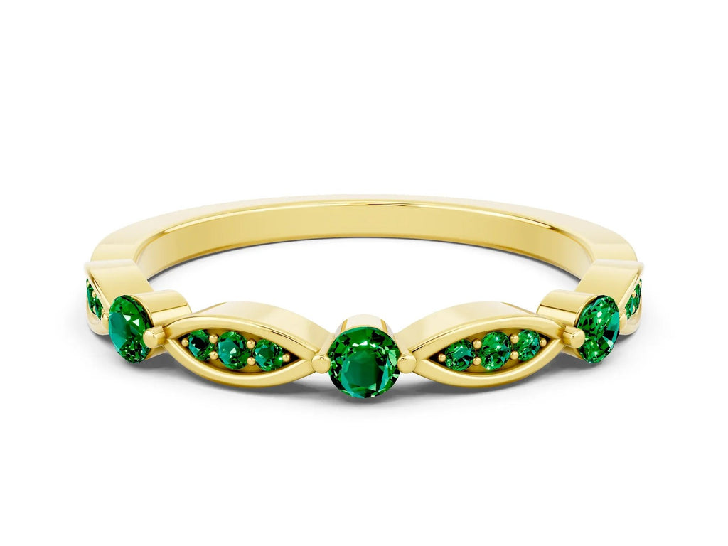 Alternating Marquise and Round Emerald Milgrain Band in Yellow gold with Bezel Setting 