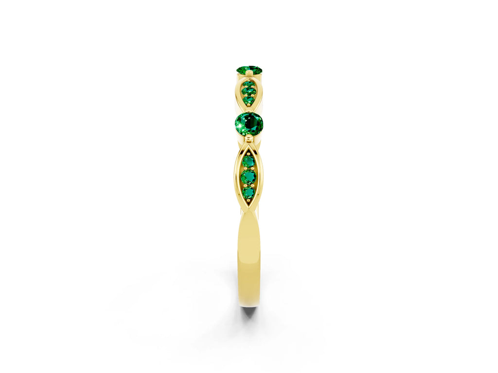 Alternating Marquise and Round Emerald Milgrain Band in Yellow gold with Bezel Setting