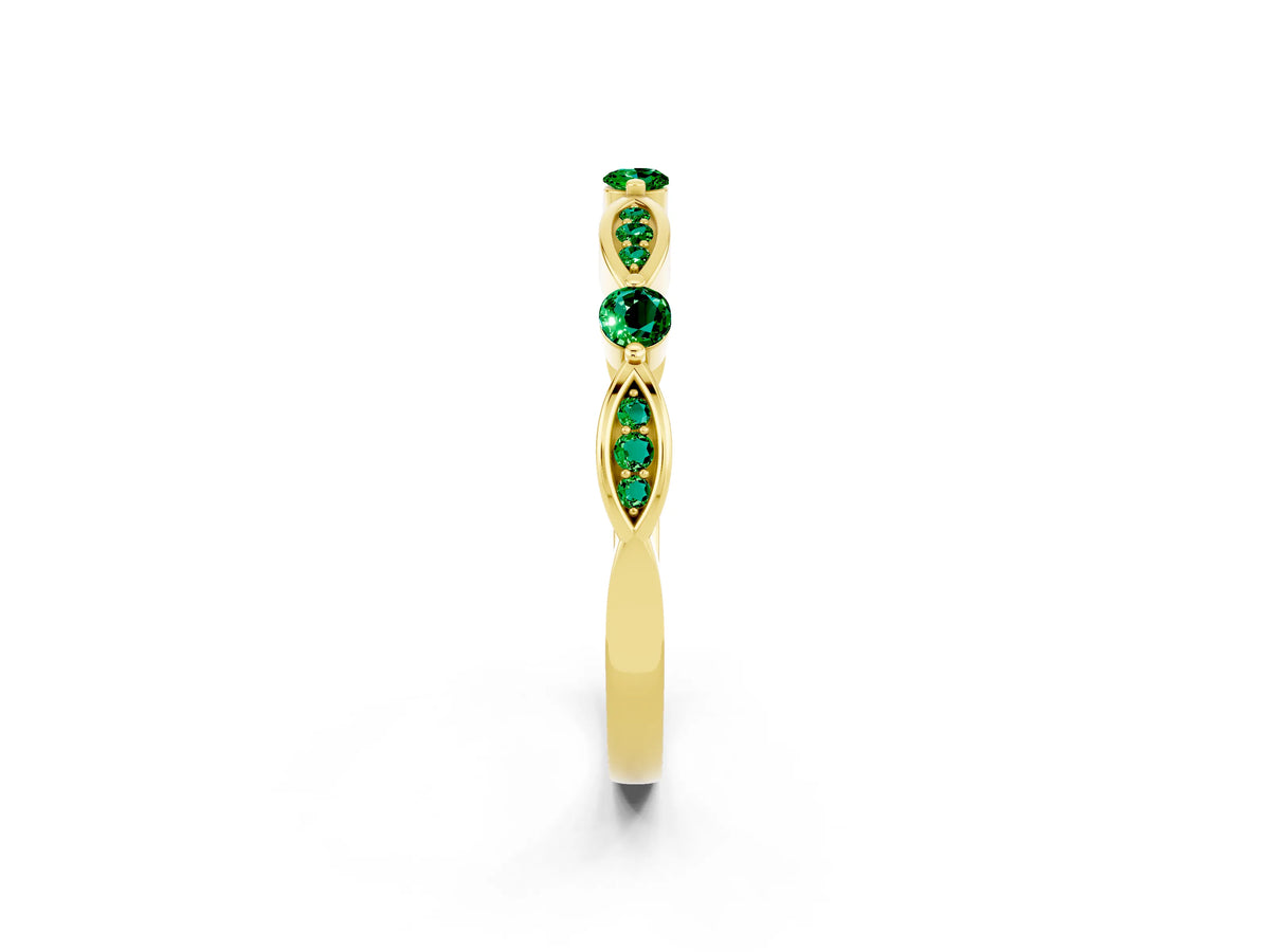 Alternating Marquise and Round Emerald Milgrain Band in Yellow gold with Bezel Setting