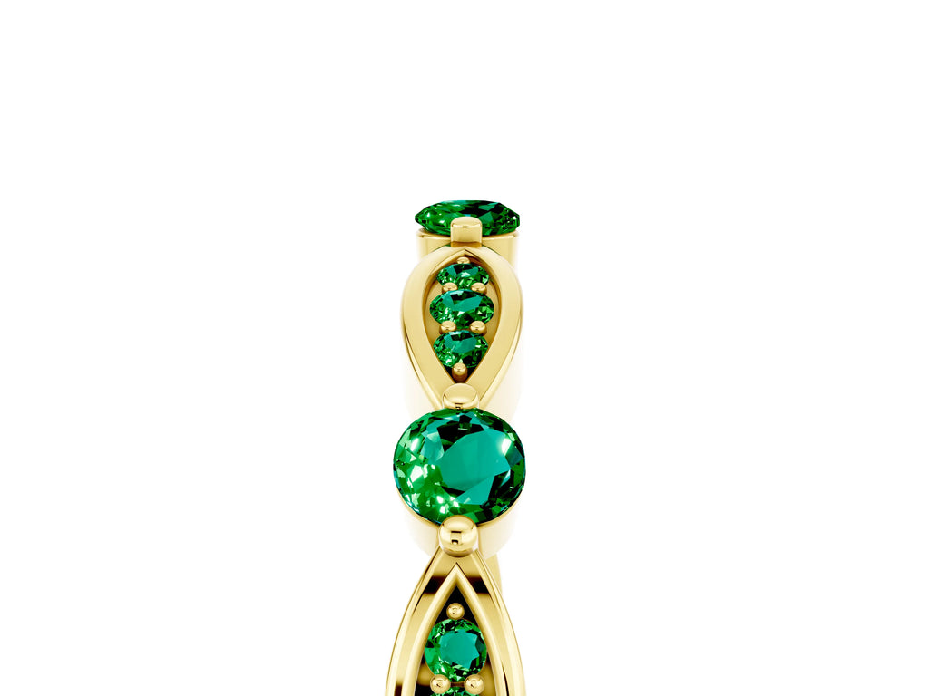 Alternating Marquise and Round Emerald Milgrain Band in Yellow gold with Bezel Setting