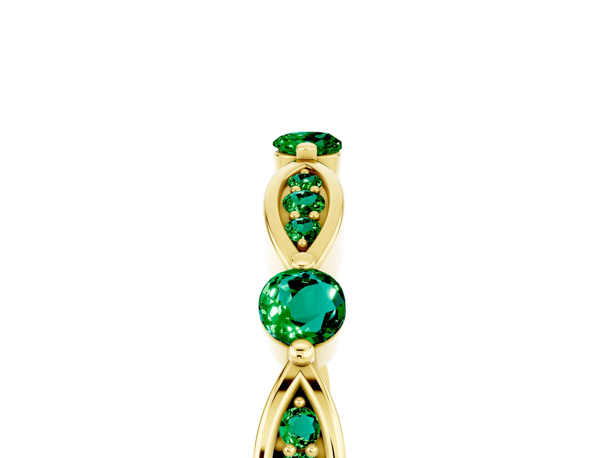 Alternating Marquise and Round Emerald Milgrain Band in Yellow gold with Bezel Setting