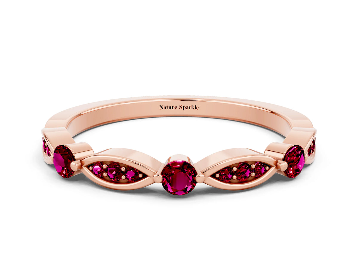 Alternating Marquise and Round Garnet Milgrain Band in Rose gold with Bezel Setting