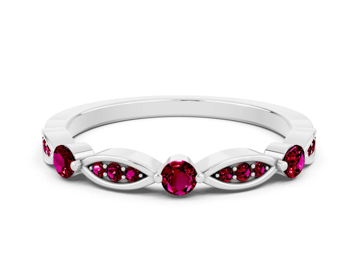 Alternating Marquise and Round Garnet Milgrain Band in Silver with Bezel Setting 