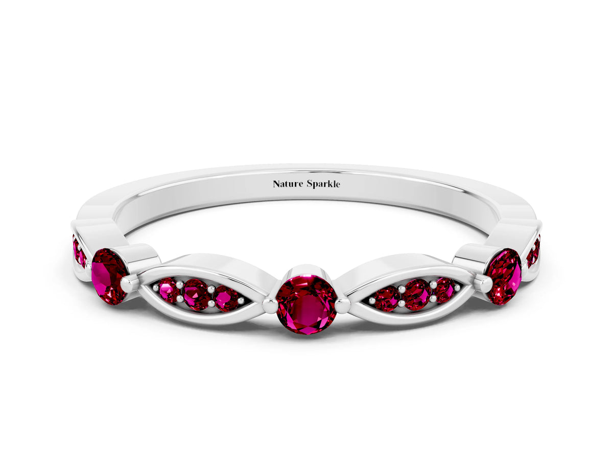Alternating Marquise and Round Garnet Milgrain Band in White gold with Bezel Setting
