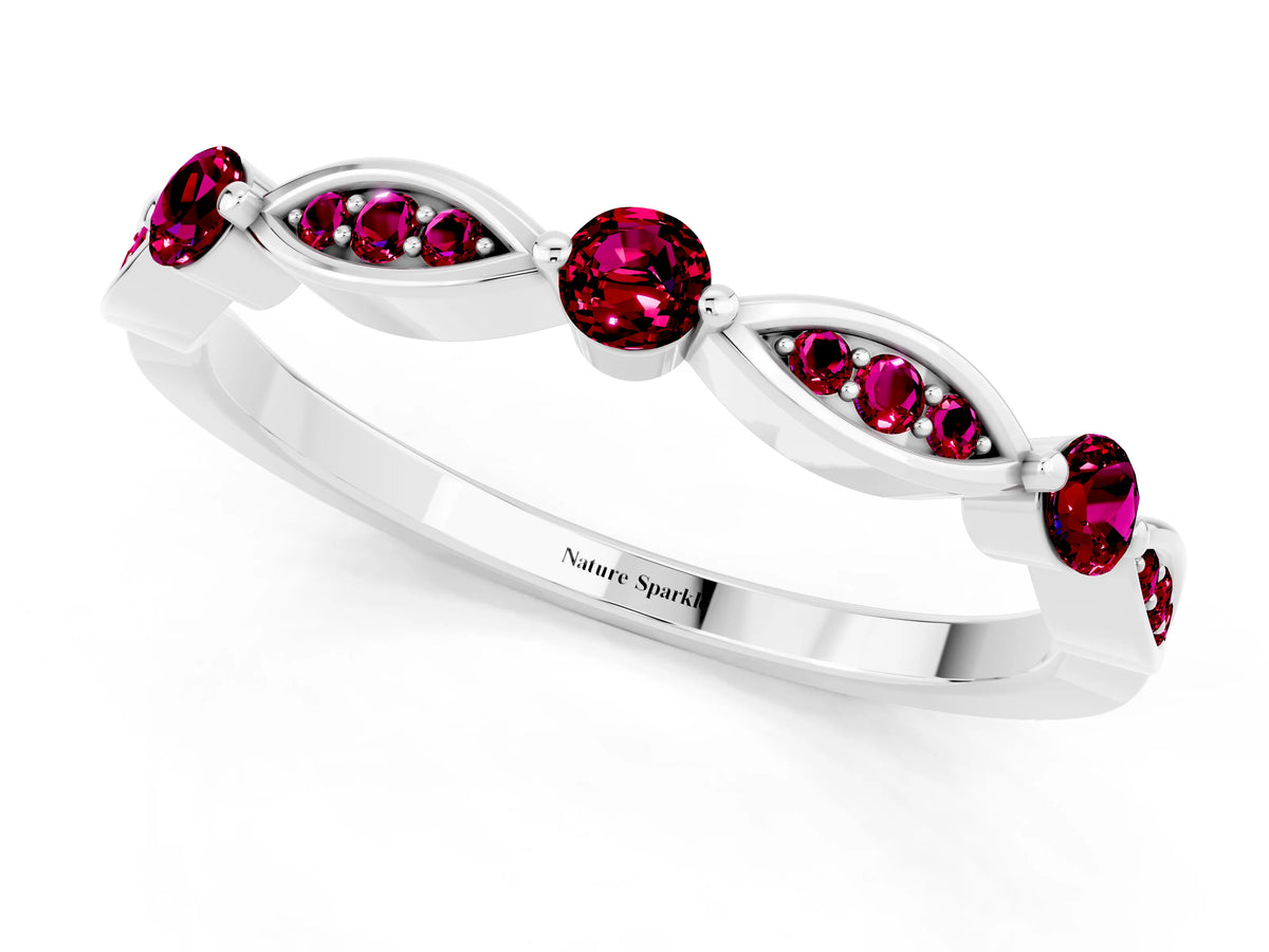 Alternating Marquise and Round Garnet Milgrain Band in White gold with Bezel Setting