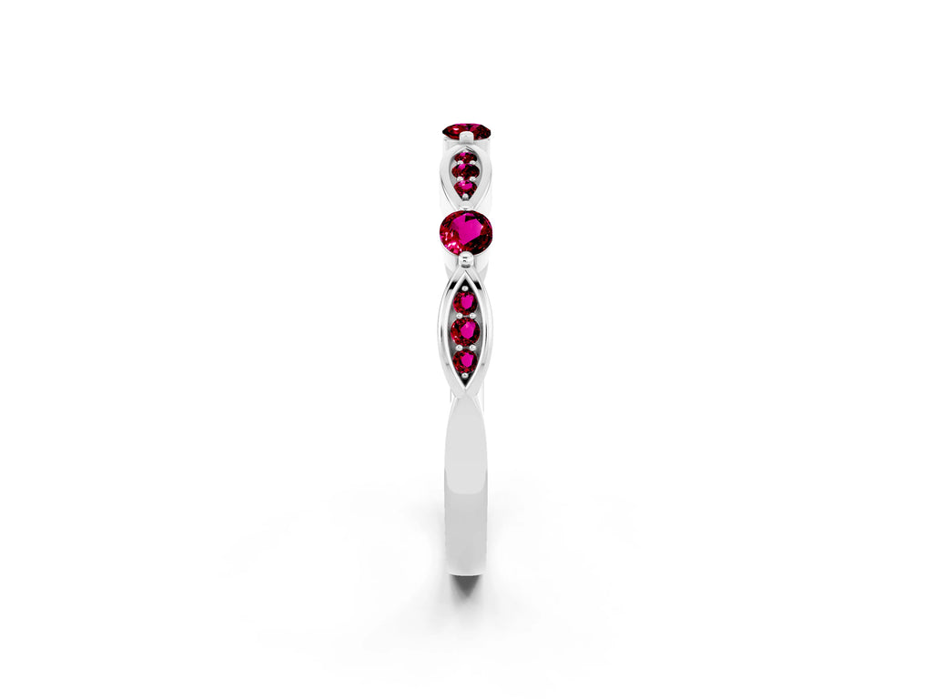 Alternating Marquise and Round Garnet Milgrain Band in White gold with Bezel Setting