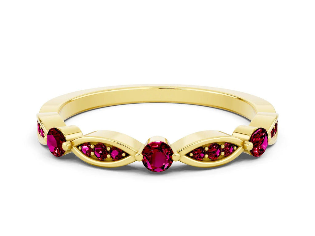 Alternating Marquise and Round Garnet Milgrain Band in Yellow gold with Bezel Setting 