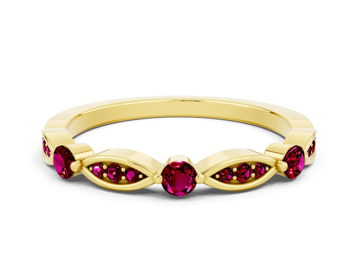Alternating Marquise and Round Garnet Milgrain Band in Yellow gold with Bezel Setting 