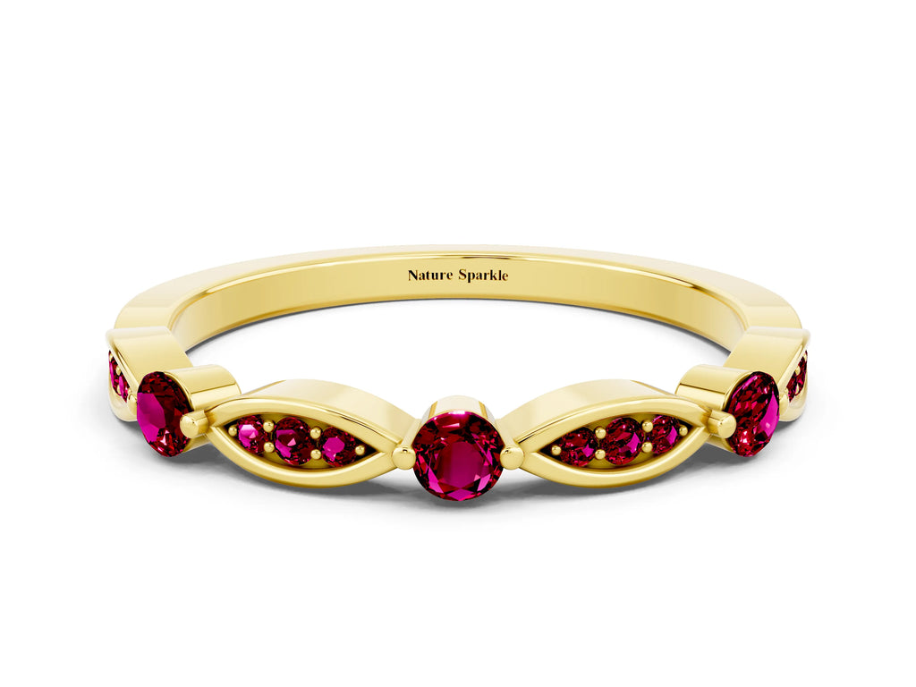 Alternating Marquise and Round Garnet Milgrain Band in Yellow gold with Bezel Setting