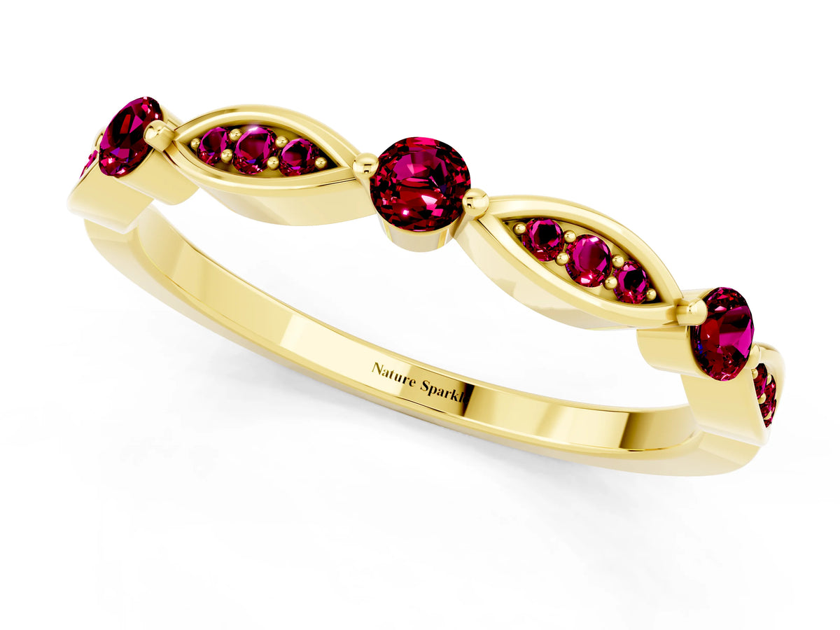Alternating Marquise and Round Garnet Milgrain Band in Yellow gold with Bezel Setting