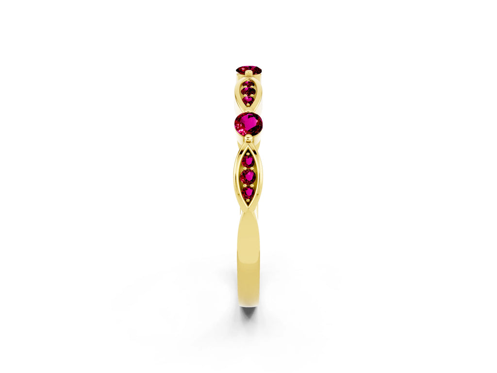 Alternating Marquise and Round Garnet Milgrain Band in Yellow gold with Bezel Setting