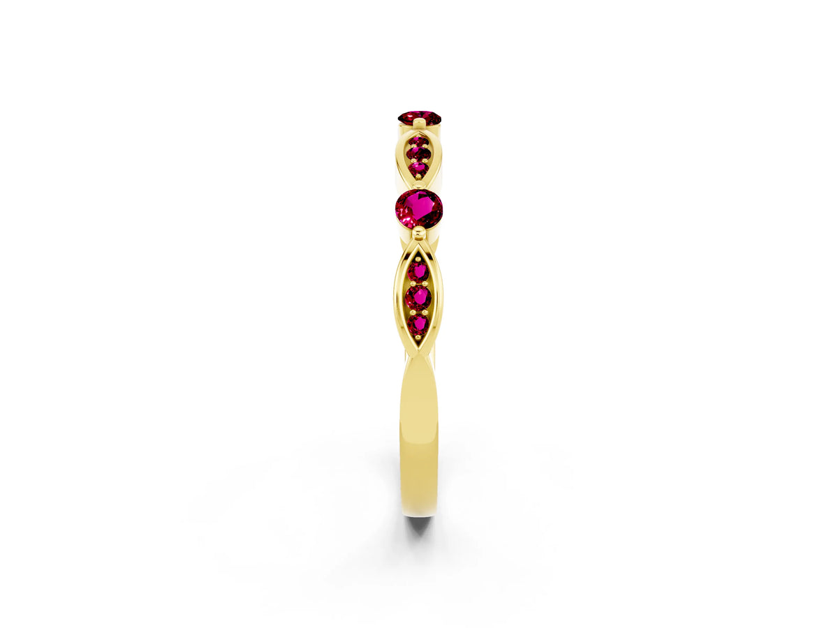 Alternating Marquise and Round Garnet Milgrain Band in Yellow gold with Bezel Setting